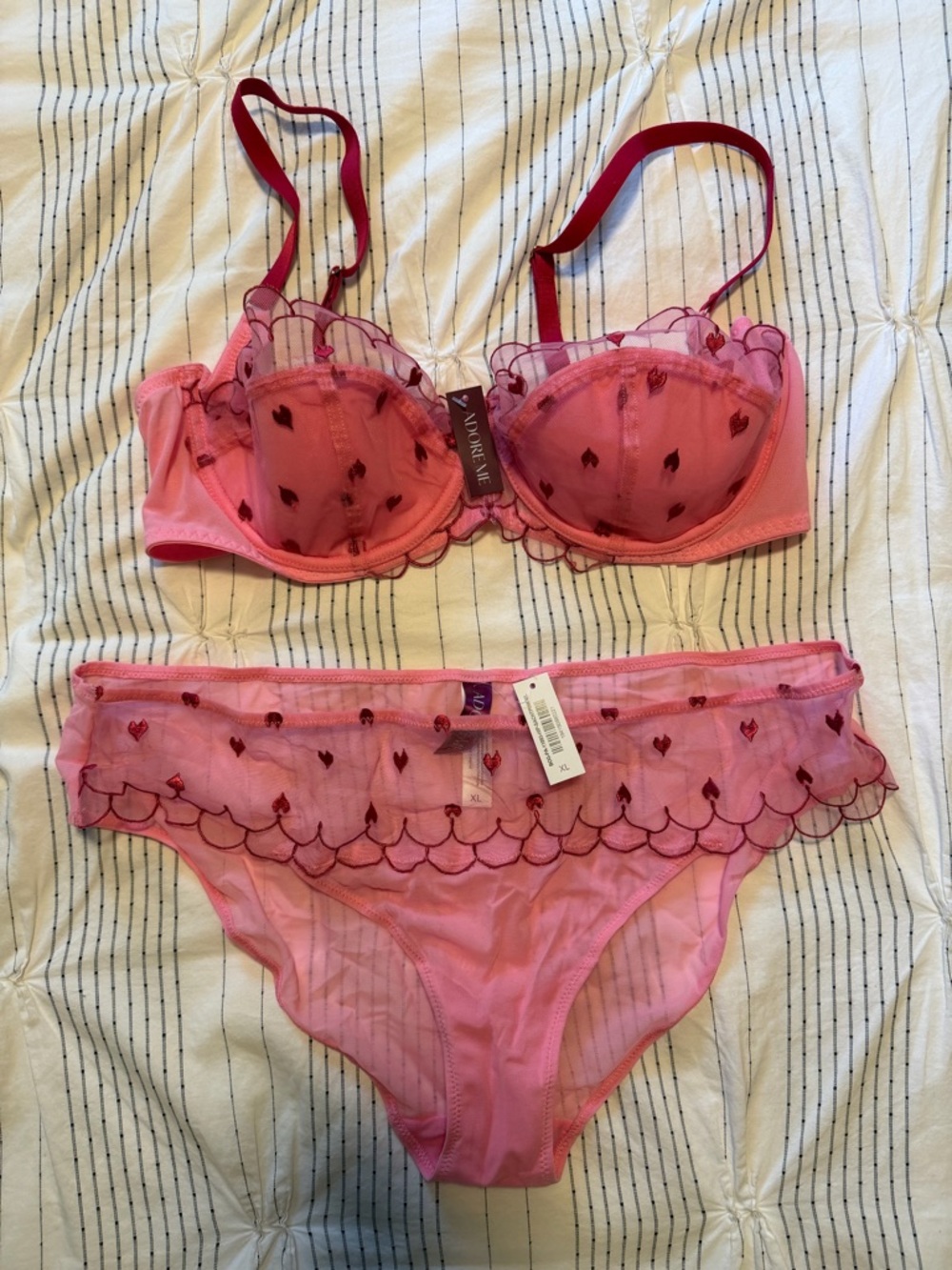 Adore Me Pink Heart Embroidered Lingerie set 38C/XL panty - Picture 2 of 4